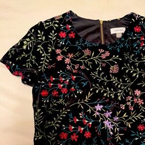 Calvin Klein black velvet floral embroidered knee length dress